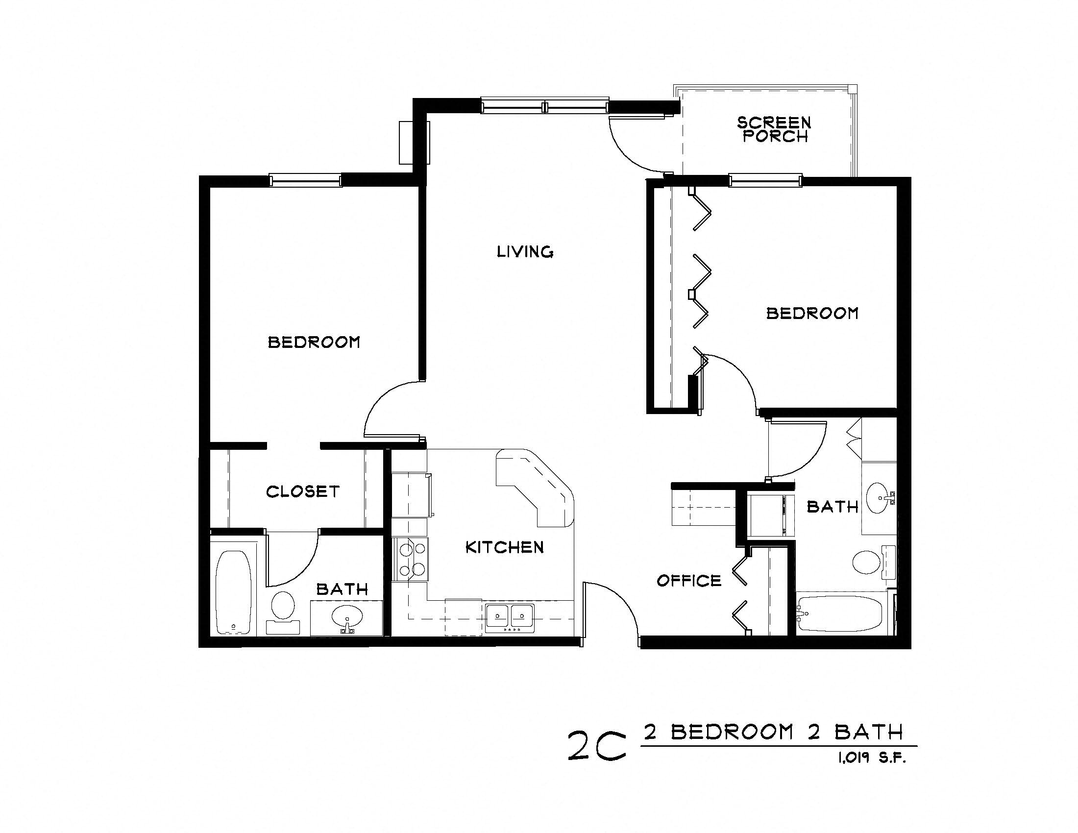 Floor plan for 2 beds, 2 baths, 1182 sqft